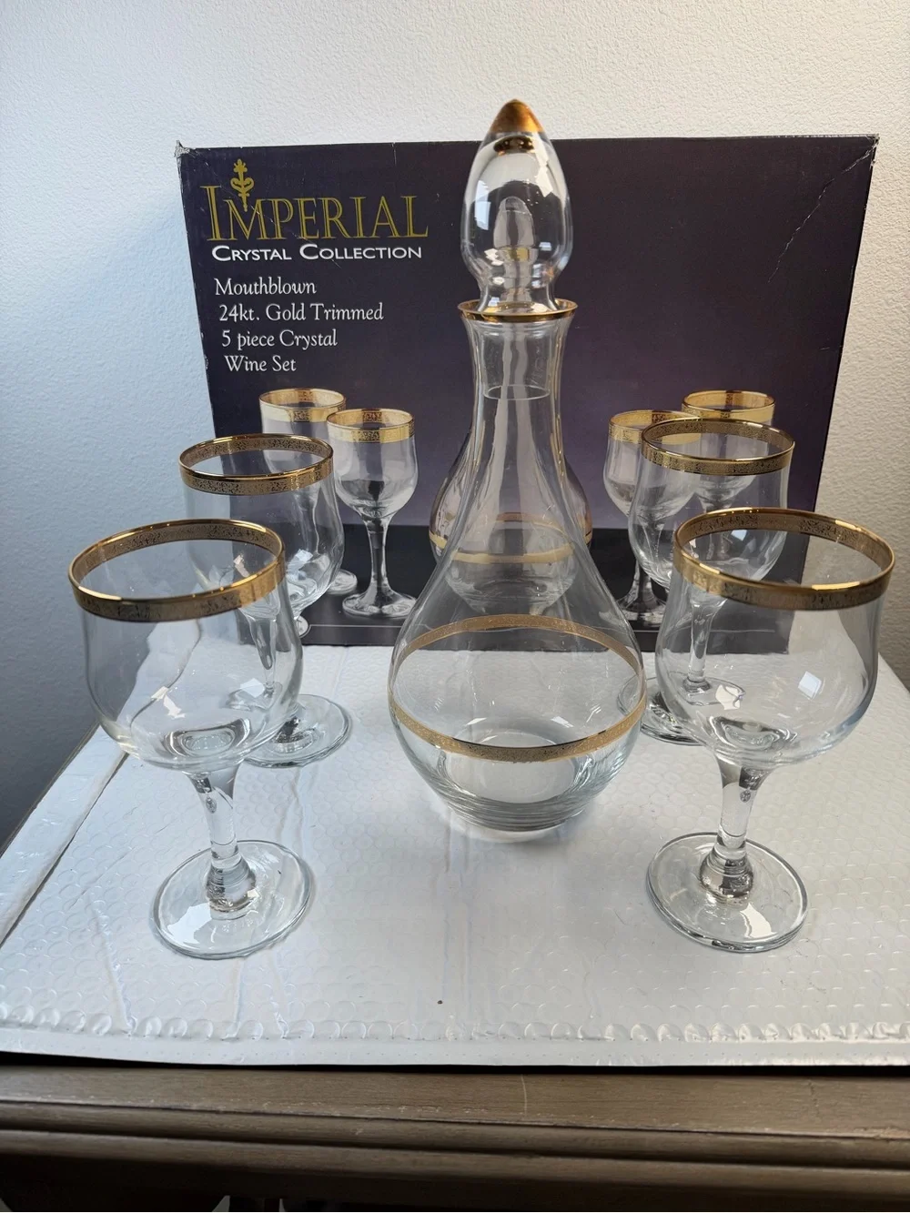 Crystal Collection Gold Trimmed Wine Decanter and Glasses Set